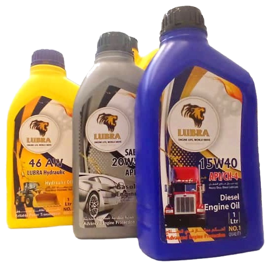 LUBRA one litre bottles: 46 AW hydraulic oil, SAE 20W-50 gasoline oil and 15W-40 diesel oil.